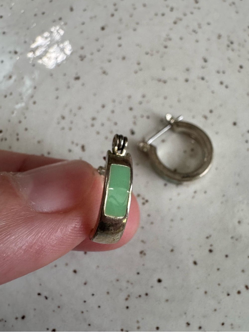 Silver-Tone Hoop Earrings with Mint Green Inlay
